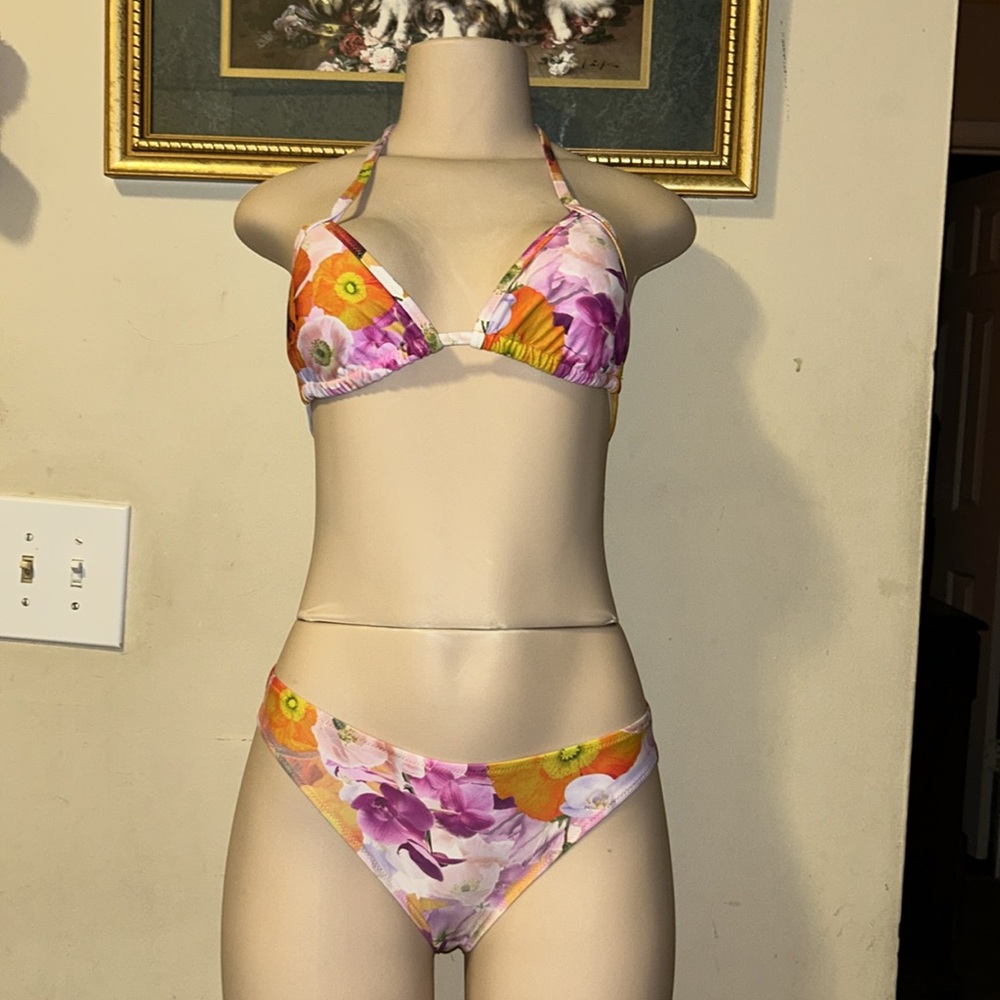 Aerie orange floral triangle bikini top halter tie & Swimwear  Bikini Set S/M